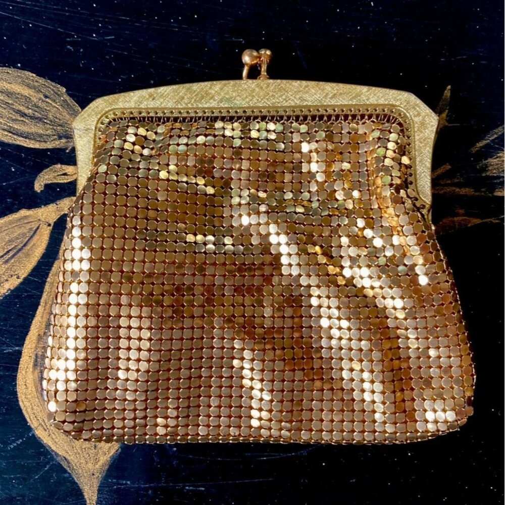 Vintage Oroton Gold-Toned Mesh Kiss Lock Purse Bag Silk Lining , West Germany